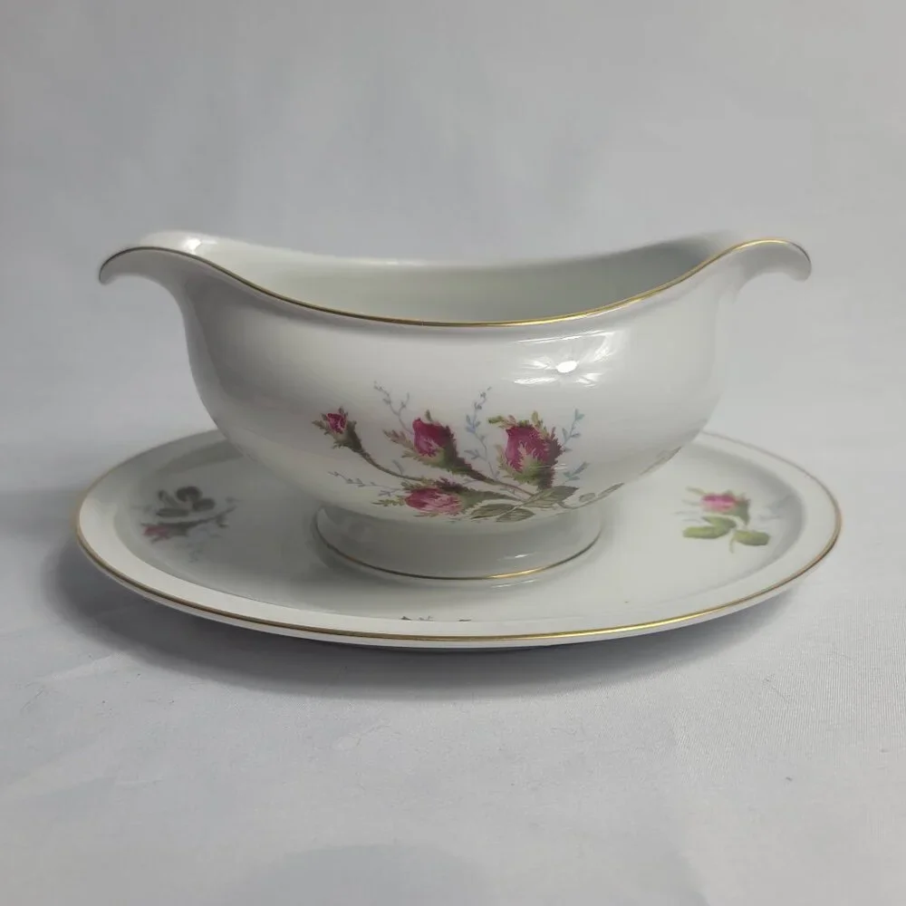 Rosenthal Petal Lane Gravy Boat White Pink Moss Rose Pattern Gold Trim